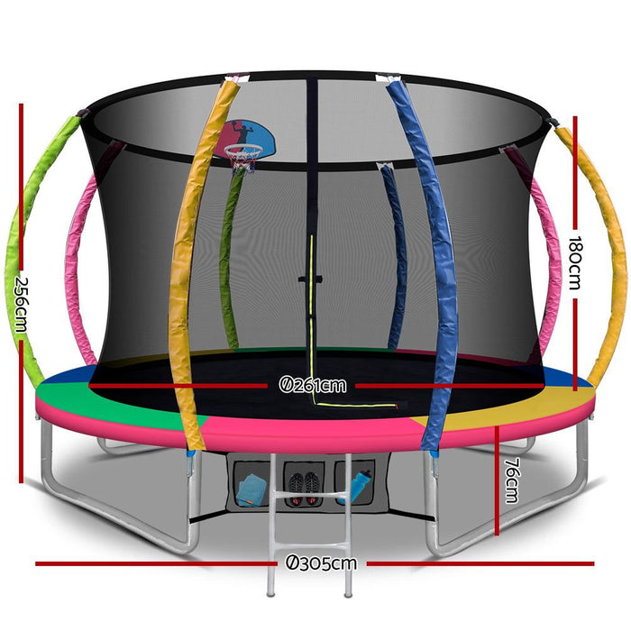 Everfit 10FT Trampoline Round Trampolines With Basketball Hoop Kids Present Gift Enclosure Safety Net Pad Outdoor Multi-coloured -Home Living Store - -  