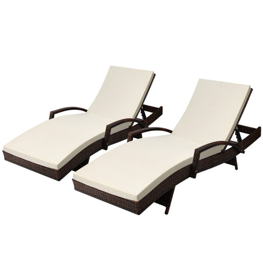 Two Sun Lounge Outdoor Furniture Day Bed Set - Rattan Wicker Lounger Patio Brown-Home Living Store- 
