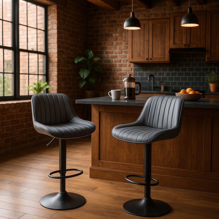 Frank Bar Stools Gas Lift Black Metal Grey PU Pair by Urban Style