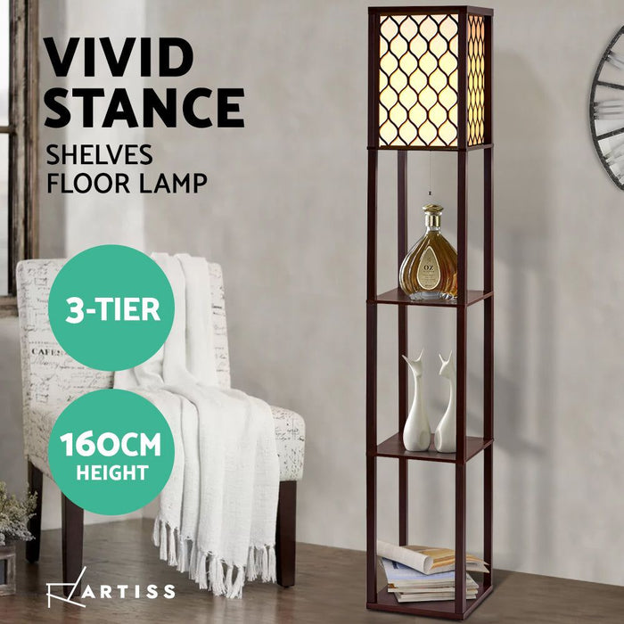Floor Lamp LED Storage Shelf Standing Vintage Wood Light Reading Bedroom -Home Living Store - -  