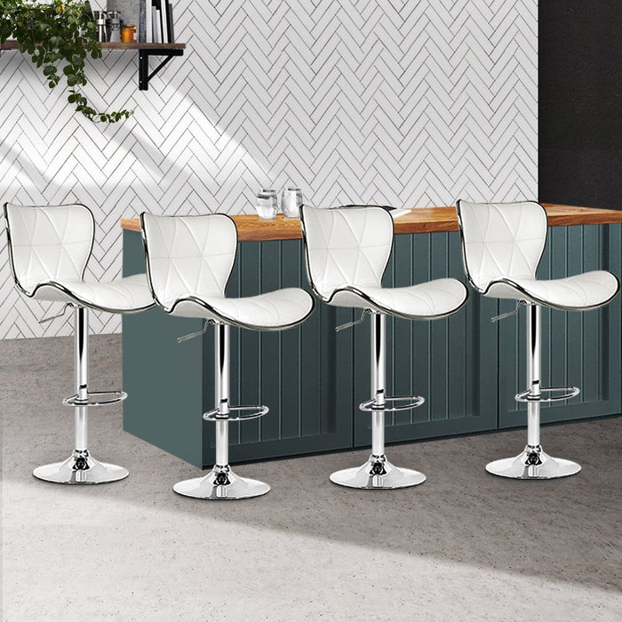 Four Bar Stools Gas Lift Leather Seat White -Home Living Store - -  