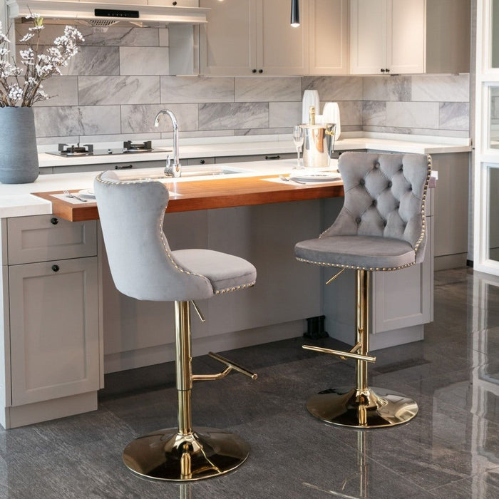 Four Height Adjustable Swivel Bar Stool Velvet Studs Barstool with Footrest and Golden Base- Grey -Home Living Store - -  