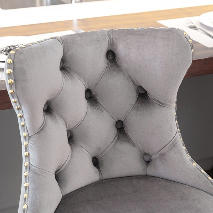 Four Height Adjustable Swivel Bar Stool Velvet Studs Barstool with Footrest and Golden Base- Grey -Home Living Store - -  
