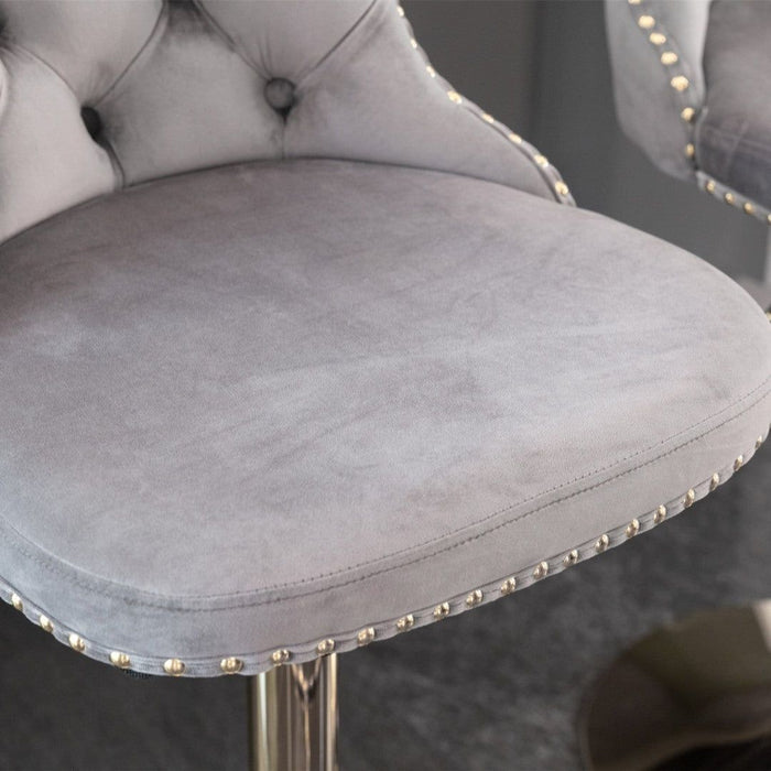 Four Height Adjustable Swivel Bar Stool Velvet Studs Barstool with Footrest and Golden Base- Grey -Home Living Store - -  