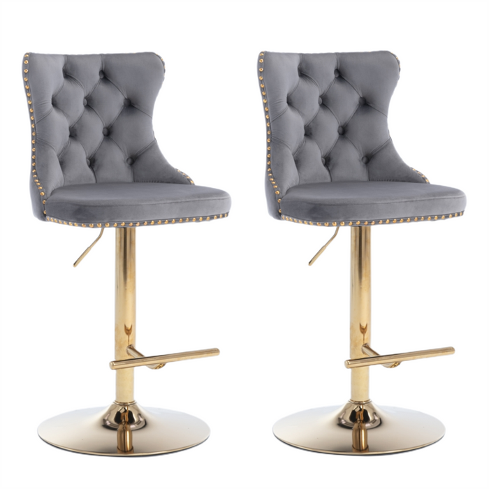 Four Height Adjustable Swivel Bar Stool Velvet Studs Barstool with Footrest and Golden Base- Grey -Home Living Store - -  