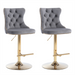 Four Height Adjustable Swivel Bar Stool Velvet Studs Barstool with Footrest and Golden Base- Grey -Home Living Store - -  
