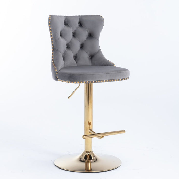 Four Height Adjustable Swivel Bar Stool Velvet Studs Barstool with Footrest and Golden Base- Grey -Home Living Store - -  