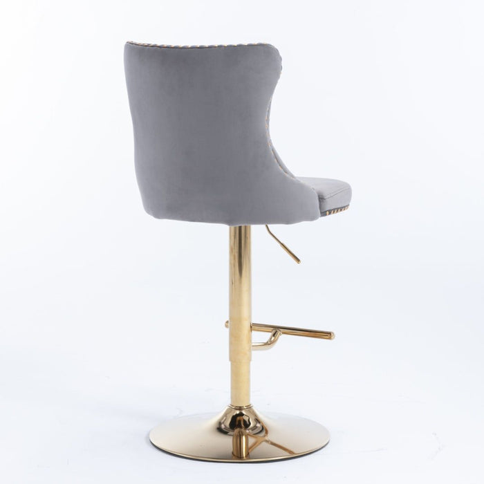 Four Height Adjustable Swivel Bar Stool Velvet Studs Barstool with Footrest and Golden Base- Grey -Home Living Store - -  