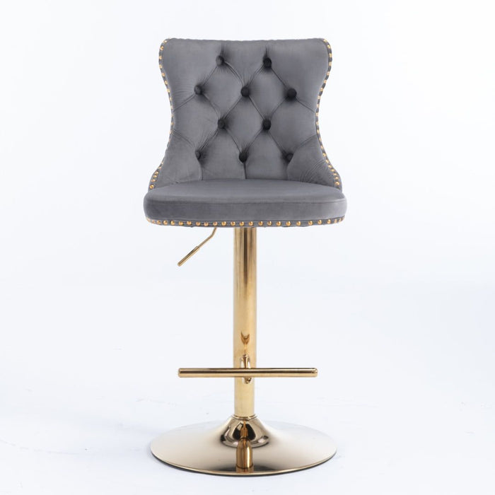 Four Height Adjustable Swivel Bar Stool Velvet Studs Barstool with Footrest and Golden Base- Grey -Home Living Store - -  