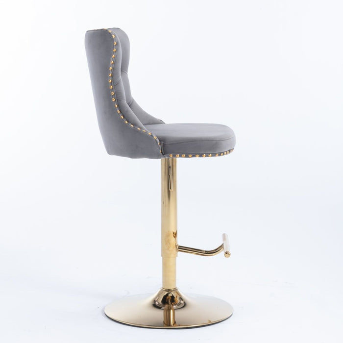 Four Height Adjustable Swivel Bar Stool Velvet Studs Barstool with Footrest and Golden Base- Grey -Home Living Store - -  