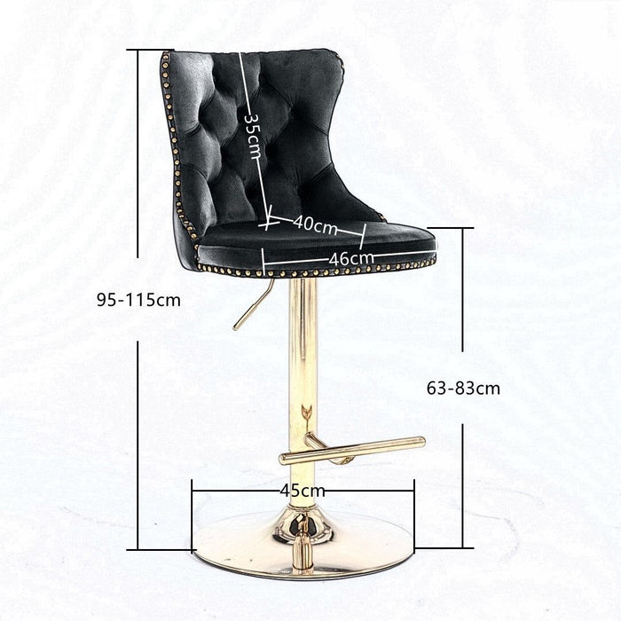 Four Height Adjustable Swivel Bar Stool Velvet Studs Barstool with Footrest and Golden Base- Grey -Home Living Store - -  