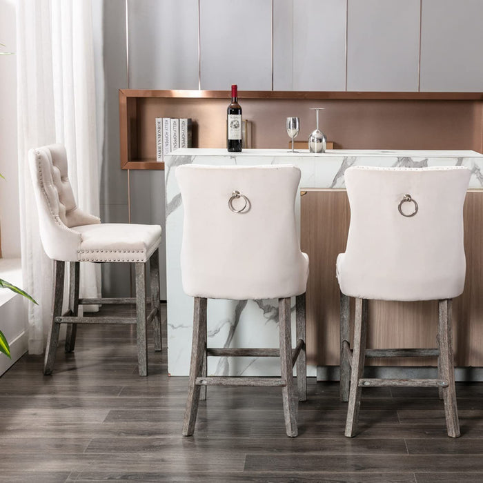 Four Velvet Bar Stools with Studs Trim Wooden Legs Tufted Dining Chairs Kitchen -Home Living Store - -  
