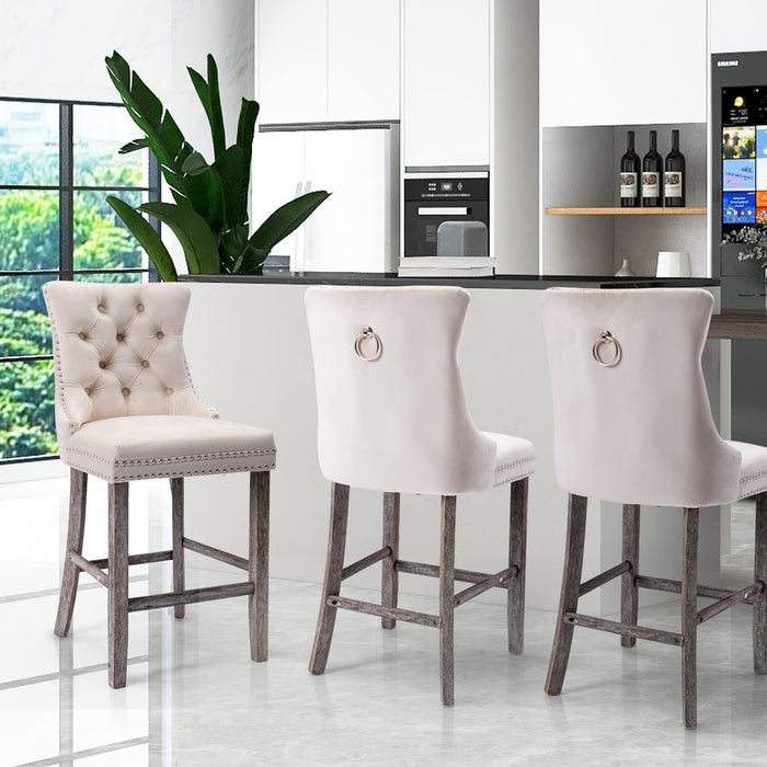 Four Velvet Bar Stools with Studs Trim Wooden Legs Tufted Dining Chairs Kitchen -Home Living Store - -  