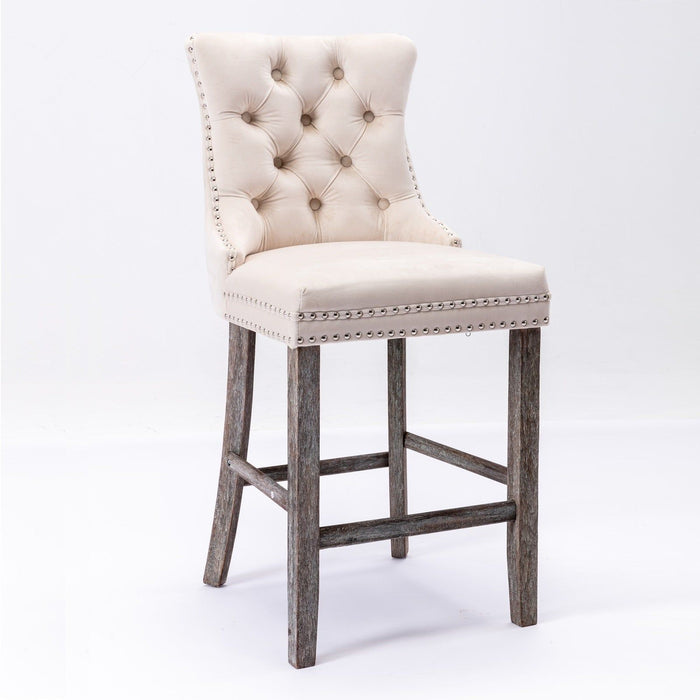 Four Velvet Bar Stools with Studs Trim Wooden Legs Tufted Dining Chairs Kitchen -Home Living Store - -  