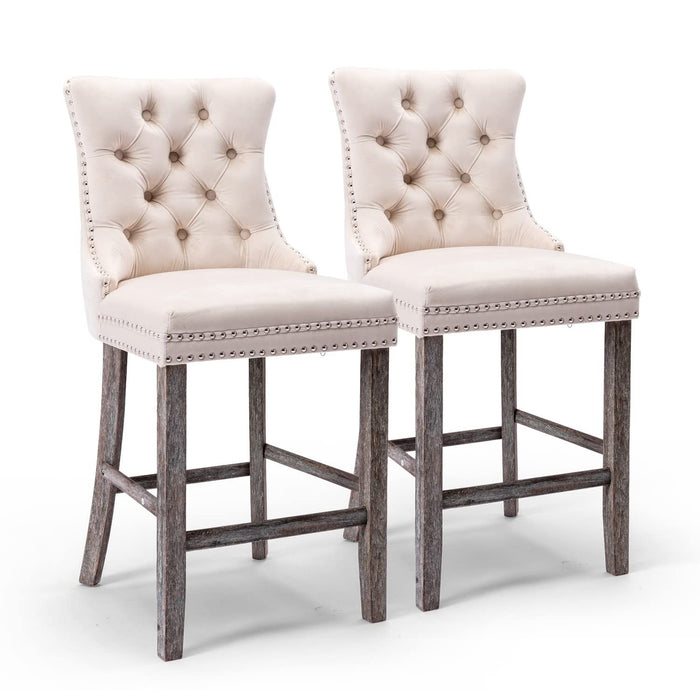 Four Velvet Bar Stools with Studs Trim Wooden Legs Tufted Dining Chairs Kitchen -Home Living Store - -  