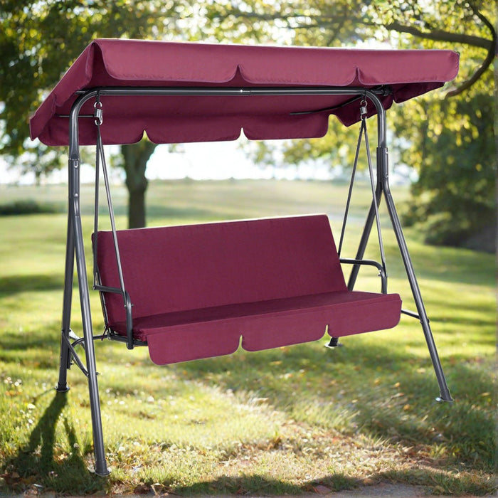 Gardeon Outdoor Swing Chair Garden Bench Furniture Canopy 3 Seater Wine Red