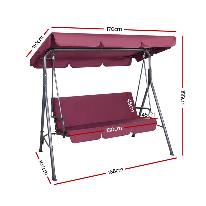 Gardeon Outdoor Swing Chair Garden Bench Furniture Canopy 3 Seater Wine Red Dimensions
