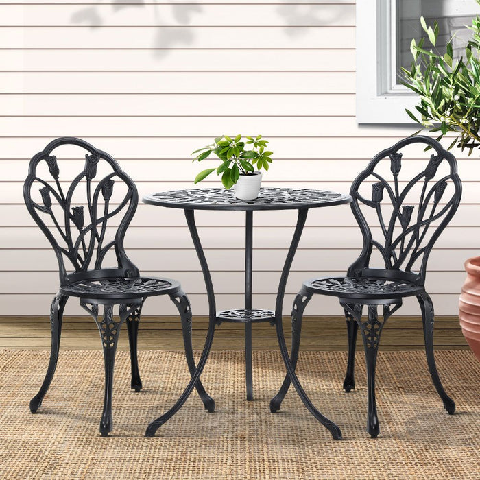 Gardeon 3PC Outdoor Setting Cast Aluminium Bistro Table Chair Patio Black -Home Living Store - -  