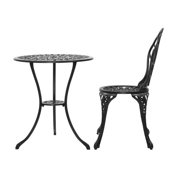 Gardeon 3PC Outdoor Setting Cast Aluminium Bistro Table Chair Patio Black -Home Living Store - -  
