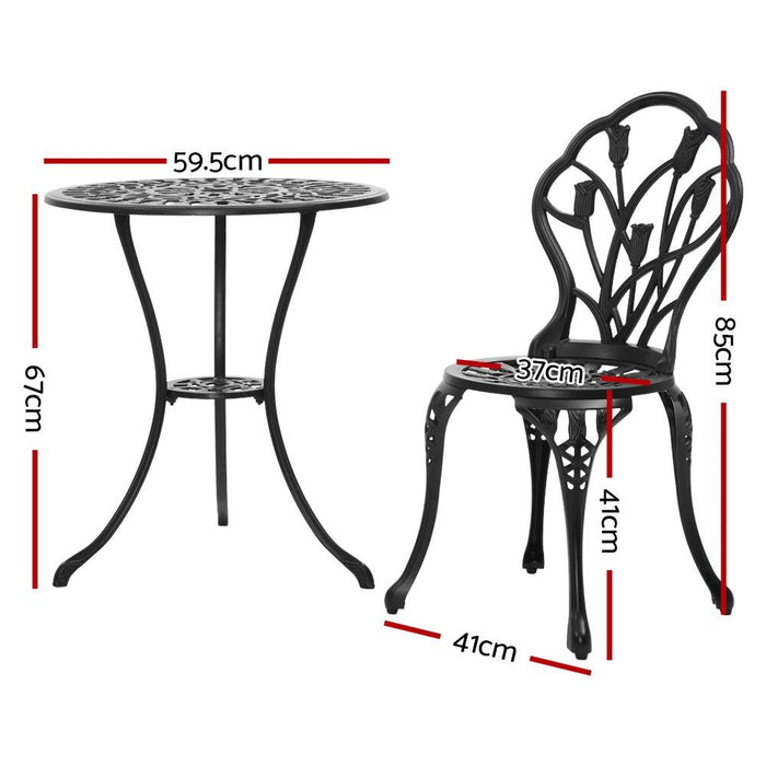 Gardeon 3PC Outdoor Setting Cast Aluminium Bistro Table Chair Patio Black -Home Living Store - -  