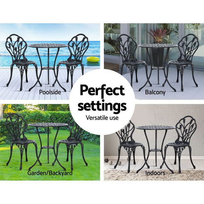 Gardeon 3PC Outdoor Setting Cast Aluminium Bistro Table Chair Patio Black -Home Living Store - -  