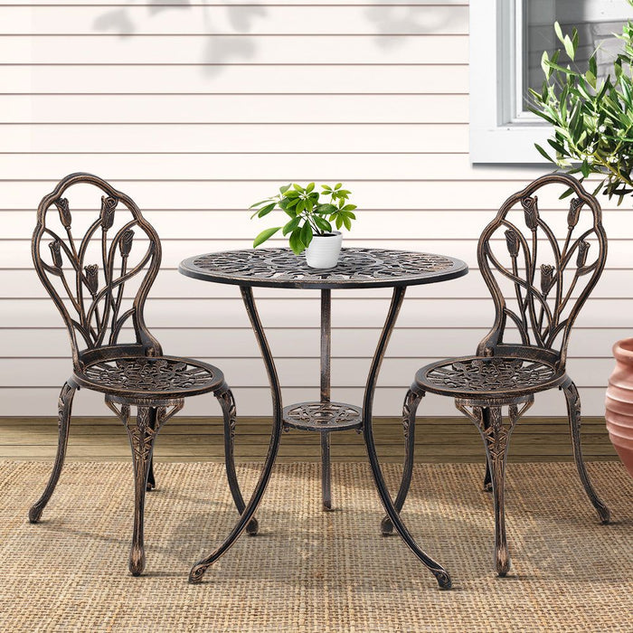 Gardeon 3PC Outdoor Setting Cast Aluminium Bistro Table Chair Patio Bronze -Home Living Store - -  