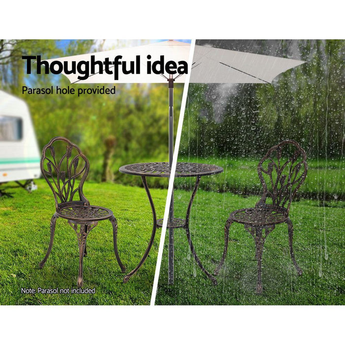 Gardeon 3PC Outdoor Setting Cast Aluminium Bistro Table Chair Patio Bronze -Home Living Store - -  