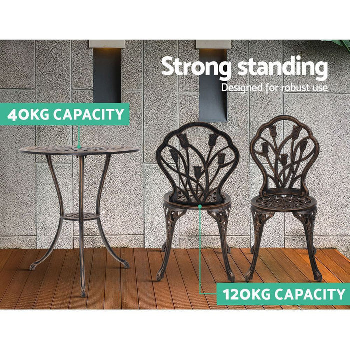 Gardeon 3PC Outdoor Setting Cast Aluminium Bistro Table Chair Patio Bronze -Home Living Store - -  
