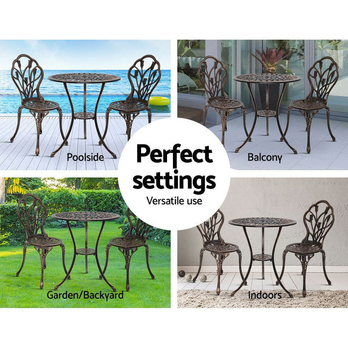 Gardeon 3PC Outdoor Setting Cast Aluminium Bistro Table Chair Patio Bronze -Home Living Store - -  
