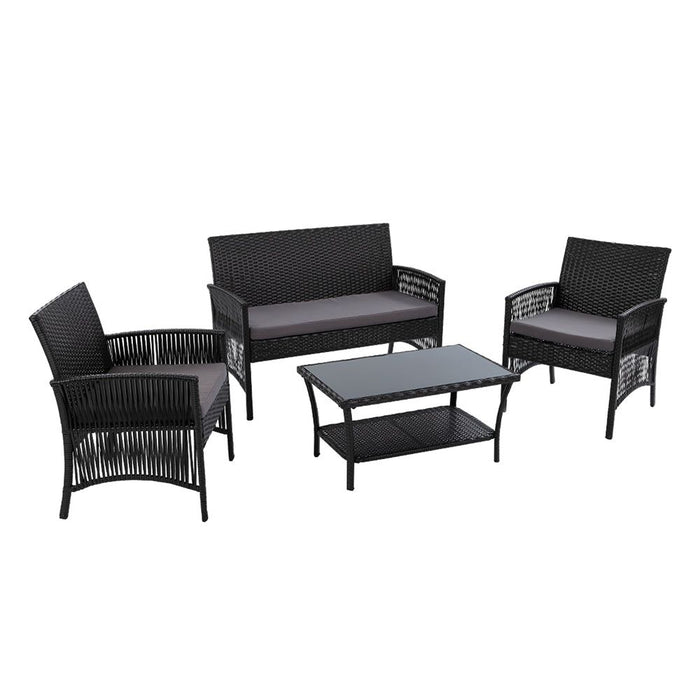 Gardeon Four Piece Outdoor Furniture Lounge Setting Wicker Dining Set Black -Home Living Store - -  