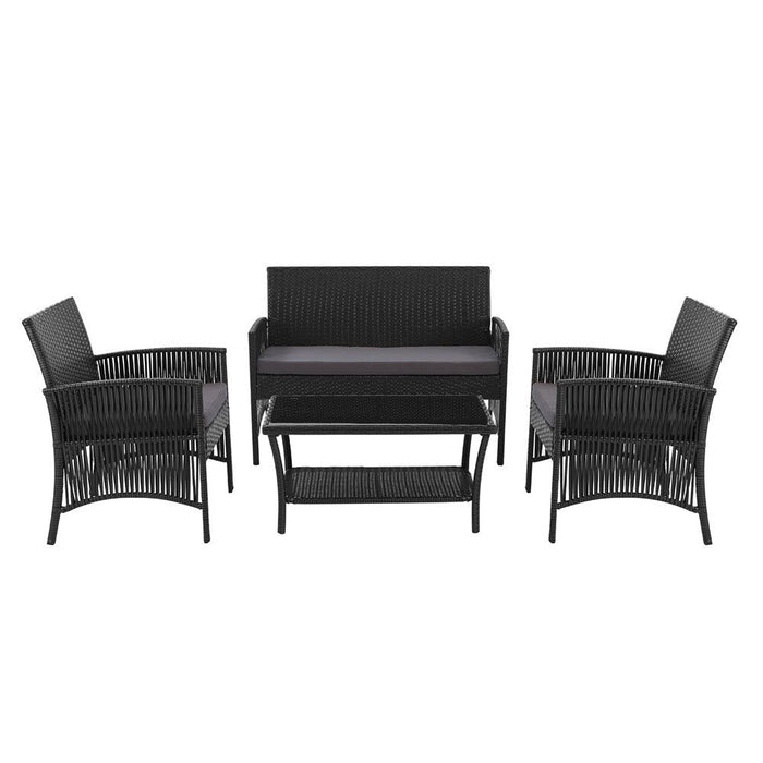 Gardeon Four Piece Outdoor Furniture Lounge Setting Wicker Dining Set Black -Home Living Store - -  
