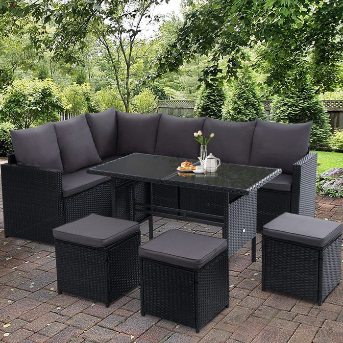 Gardeon Outdoor Furniture Dining Setting Sofa Set Lounge Wicker Nine Seater Black -Home Living Store - -  