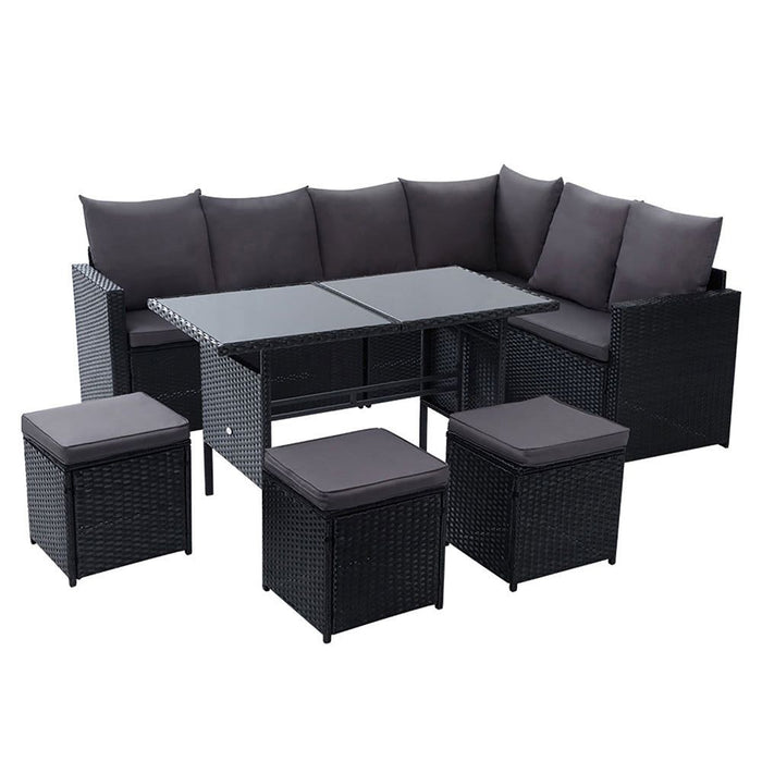 Gardeon Outdoor Furniture Dining Setting Sofa Set Lounge Wicker Nine Seater Black -Home Living Store - -  