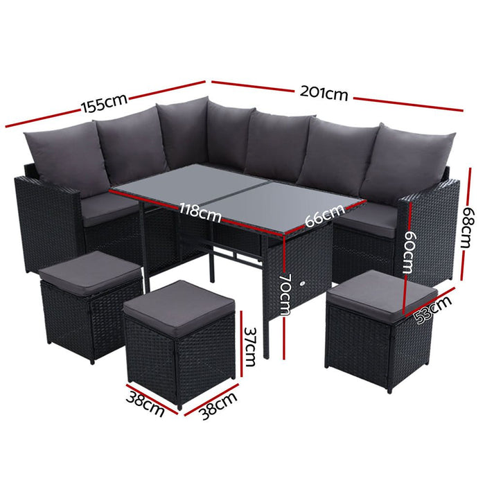 Gardeon Outdoor Furniture Dining Setting Sofa Set Lounge Wicker Nine Seater Black -Home Living Store - -  