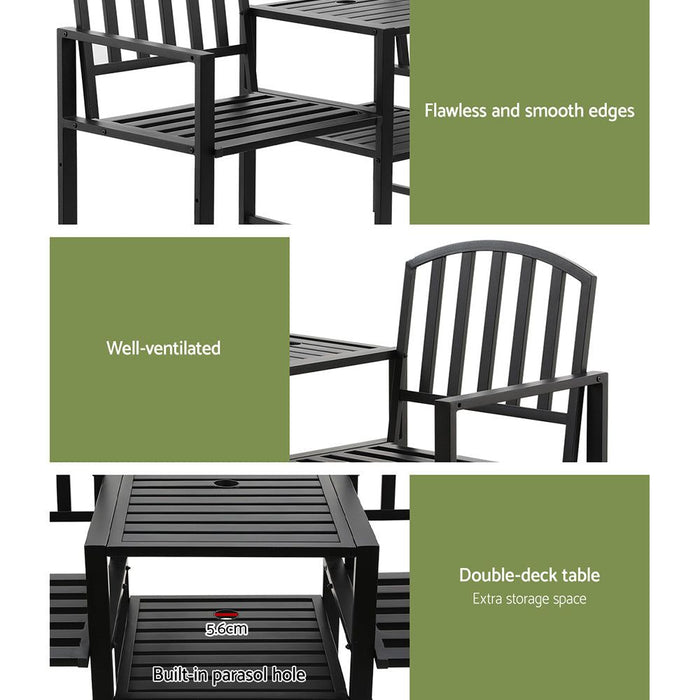 Gardeon Outdoor Garden Bench Seat Loveseat Steel Table Chairs Patio Furniture Black -Home Living Store - -  