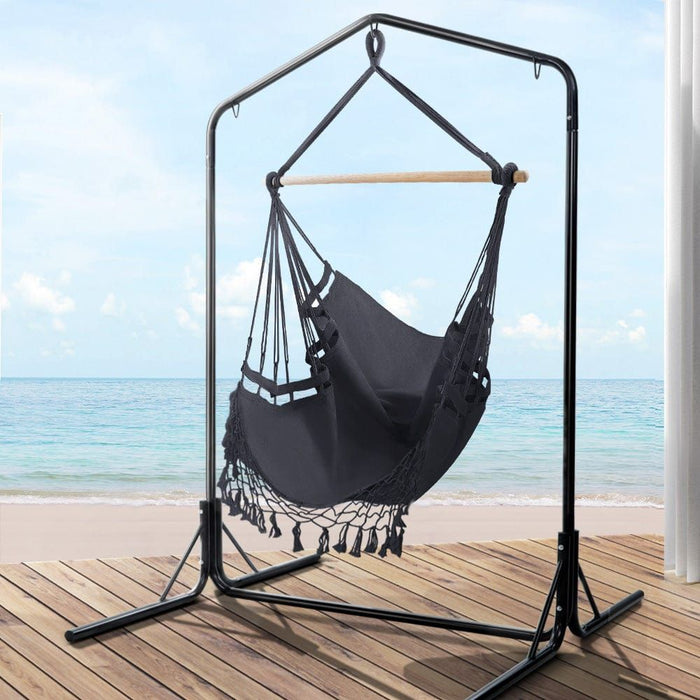 Gardeon Outdoor Hammock Chair with Stand Tassel Hanging Rope Hammocks Grey -Home Living Store - -  
