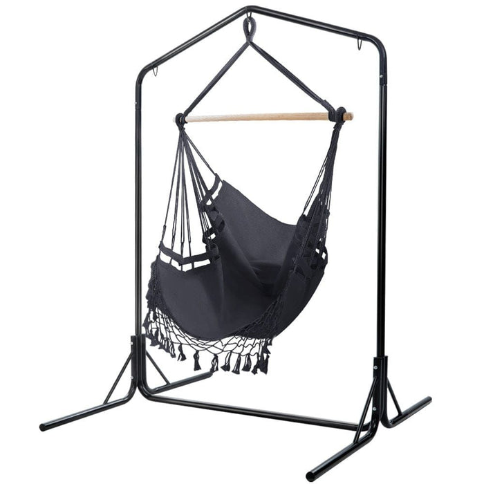 Gardeon Outdoor Hammock Chair with Stand Tassel Hanging Rope Hammocks Grey -Home Living Store - -  