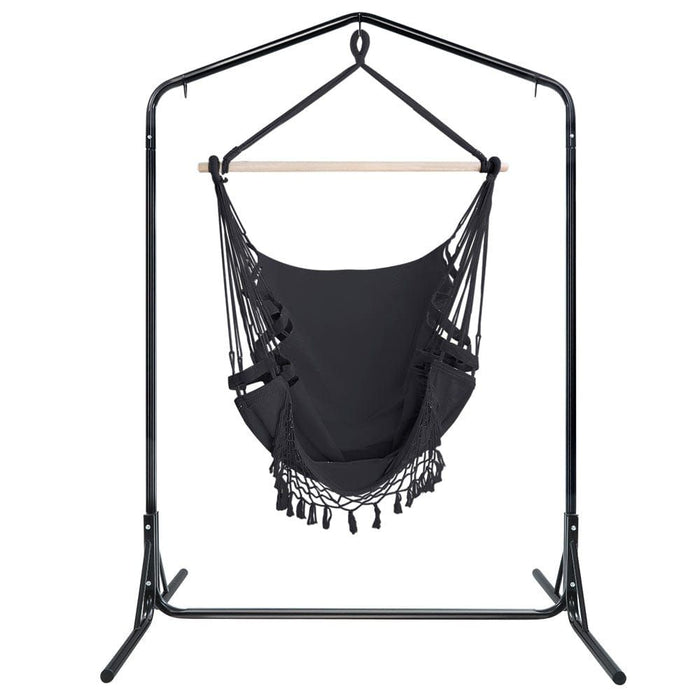 Gardeon Outdoor Hammock Chair with Stand Tassel Hanging Rope Hammocks Grey -Home Living Store - -  