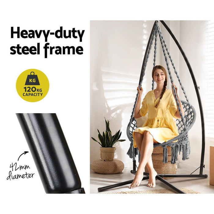 Gardeon Outdoor Hammock Chair with Steel Stand Cotton Swing Hanging 124CM Grey -Home Living Store - -  