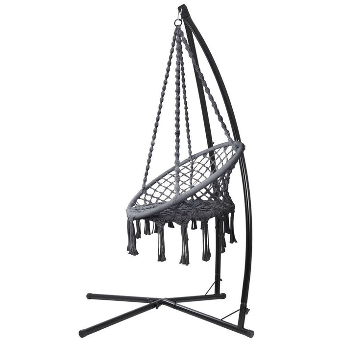 Gardeon Outdoor Hammock Chair with Steel Stand Cotton Swing Hanging 124CM Grey -Home Living Store - -  