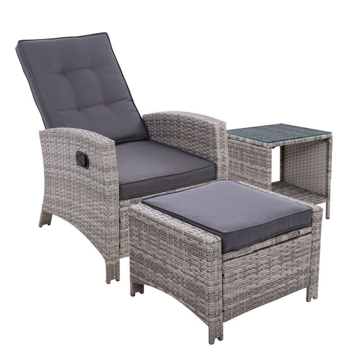 Gardeon Outdoor Setting Recliner Chair Table Set Wicker lounge Patio Furniture Grey -Home Living Store - -  