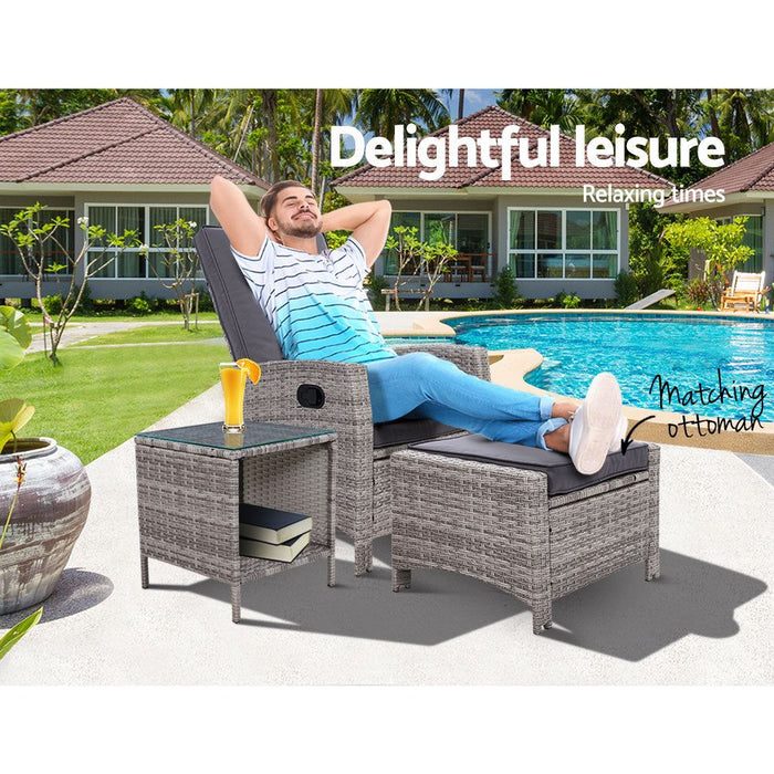 Gardeon Outdoor Setting Recliner Chair Table Set Wicker lounge Patio Furniture Grey -Home Living Store - -  