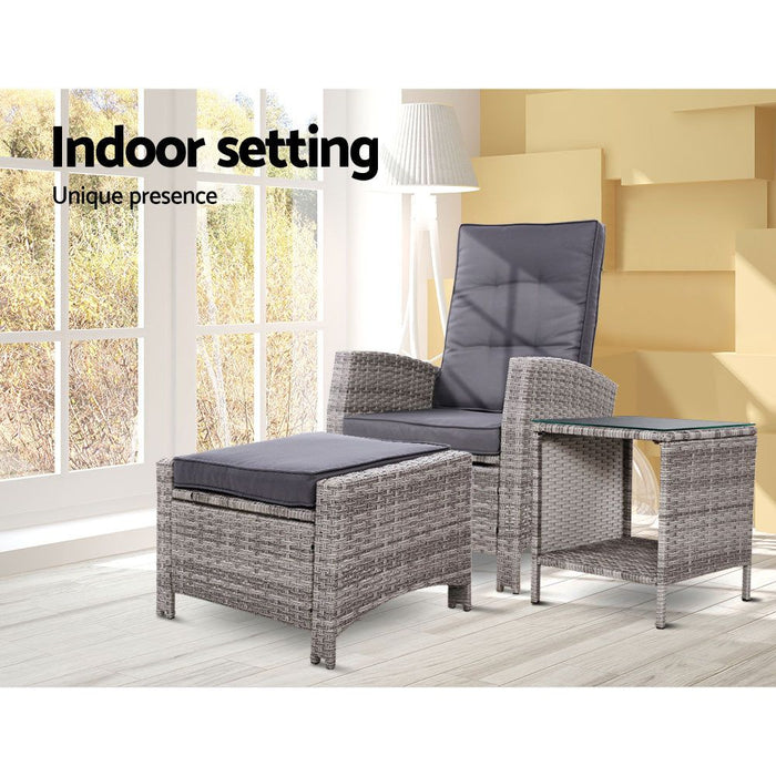 Gardeon Outdoor Setting Recliner Chair Table Set Wicker lounge Patio Furniture Grey -Home Living Store - -  