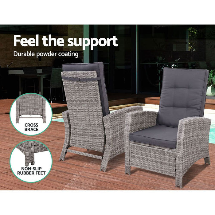Gardeon Outdoor Setting Recliner Chair Table Set Wicker lounge Patio Furniture Grey -Home Living Store - -  