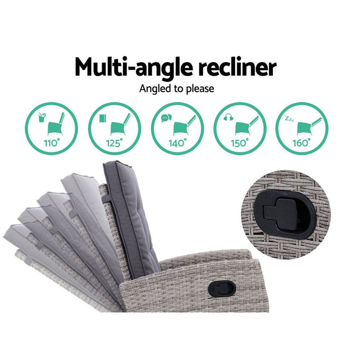 Gardeon Outdoor Setting Recliner Chair Table Set Wicker lounge Patio Furniture Grey -Home Living Store - -  