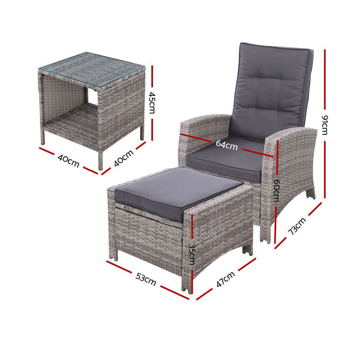 Gardeon Outdoor Setting Recliner Chair Table Set Wicker lounge Patio Furniture Grey -Home Living Store - -  