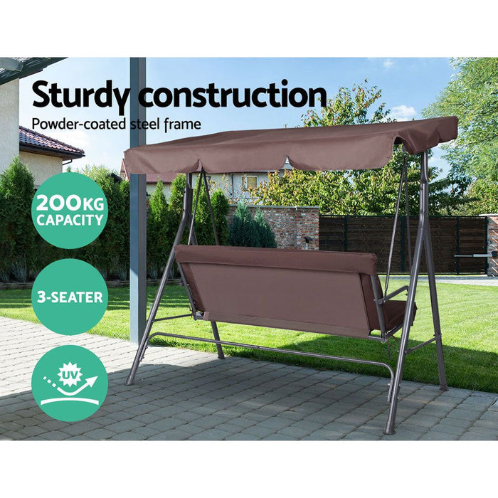 Gardeon Outdoor Swing Chair Garden Bench Furniture Canopy 3 Seater Brown -Home Living Store - -  
