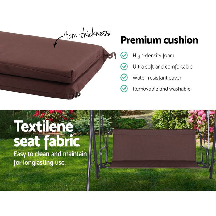 Gardeon Outdoor Swing Chair Garden Bench Furniture Canopy 3 Seater Brown -Home Living Store - -  