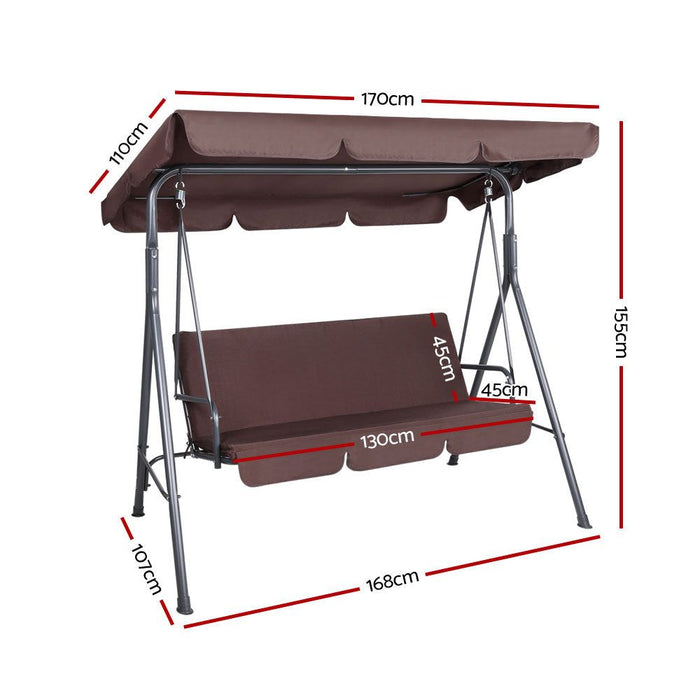 Gardeon Outdoor Swing Chair Garden Bench Furniture Canopy 3 Seater Brown -Home Living Store - -  