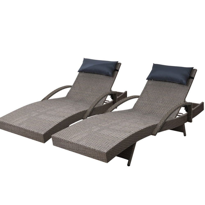 Gardeon Set of 2 Sun Lounge Outdoor Furniture Wicker Lounger Rattan Day Bed Garden Patio Grey -Home Living Store - -  